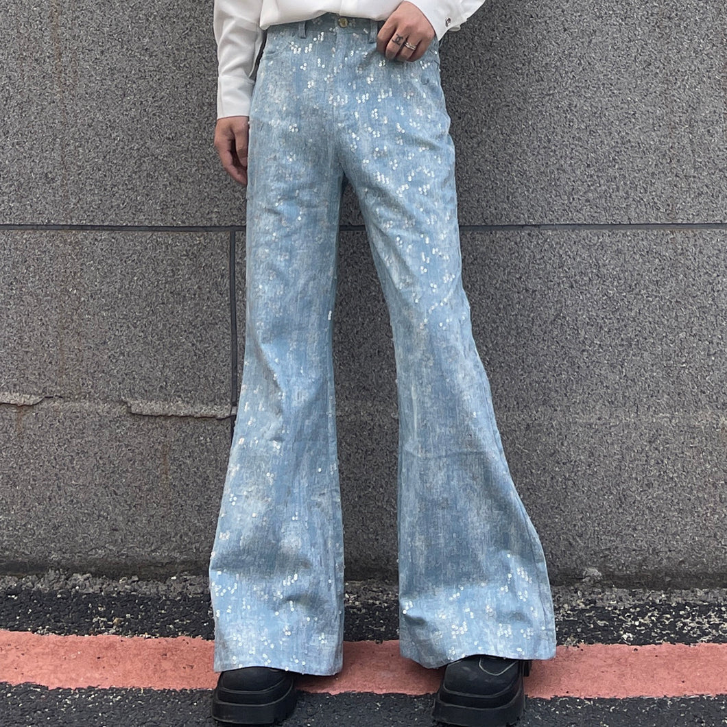 Sequined Distressed Washed Casual Flared Pants