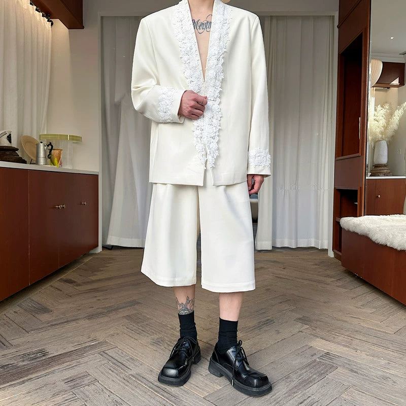 Lace Trim Blazer Casual Straight Wide-leg Shorts Two-piece Suit