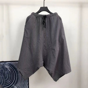 Loose Cotton and Linen Striped Drop Crotch Harem Pants