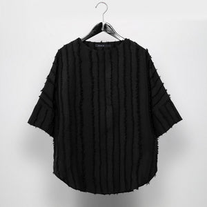 Vertical Striped Retro Tassel Stitching Short-sleeved Shirt
