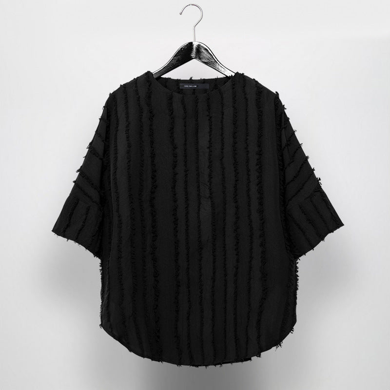 Vertical Striped Retro Tassel Stitching Short-sleeved Shirt
