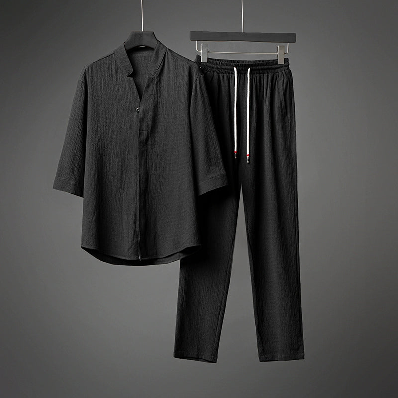 Retro Ice Silk Short Sleeve V-Neck Shirt Drawstring Trousers Two-Piece Set
