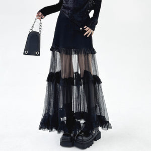 French Denim Patchwork Mesh Skirt