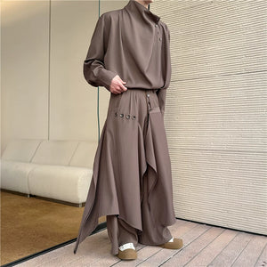 Asymmetric Long-sleeved Shirt and Wide-leg Pants Two-piece Set