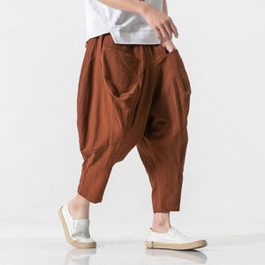 Cotton and Linen Cuffed Wide Leg Harem Pants