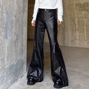 Zippered Shiny Striped Flared PU Leather Trousers