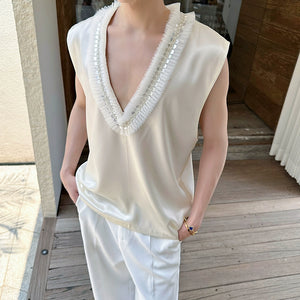 Pearl Flower Large V-Neck Sleeveless Satin Vest
