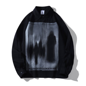 Black Shadow Print Loose Lapel Shirt