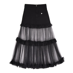 French Denim Patchwork Mesh Skirt