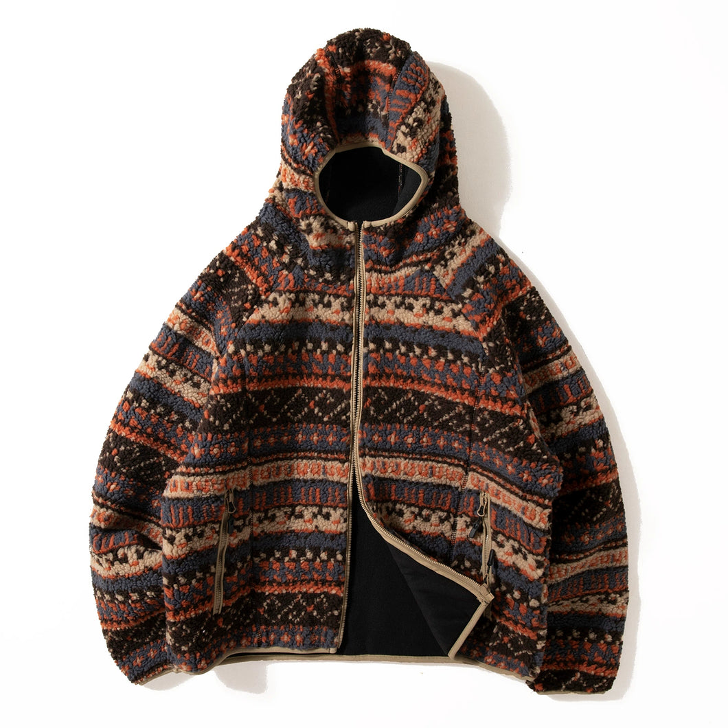 Retro Jacquard Faux Lamb Wool Hooded Jacket