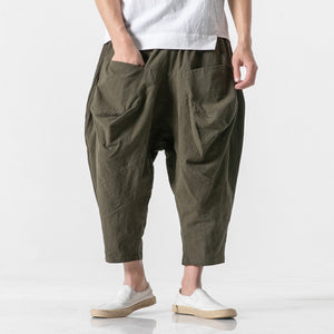 Cotton and Linen Cuffed Wide Leg Harem Pants