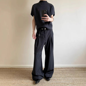 Linen Slanted Placket Double-pleat Straight Trousers