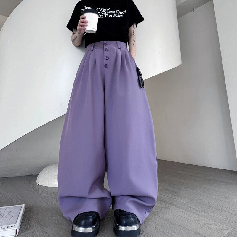 Scimitar Button Loose Casual Wide-leg Pants