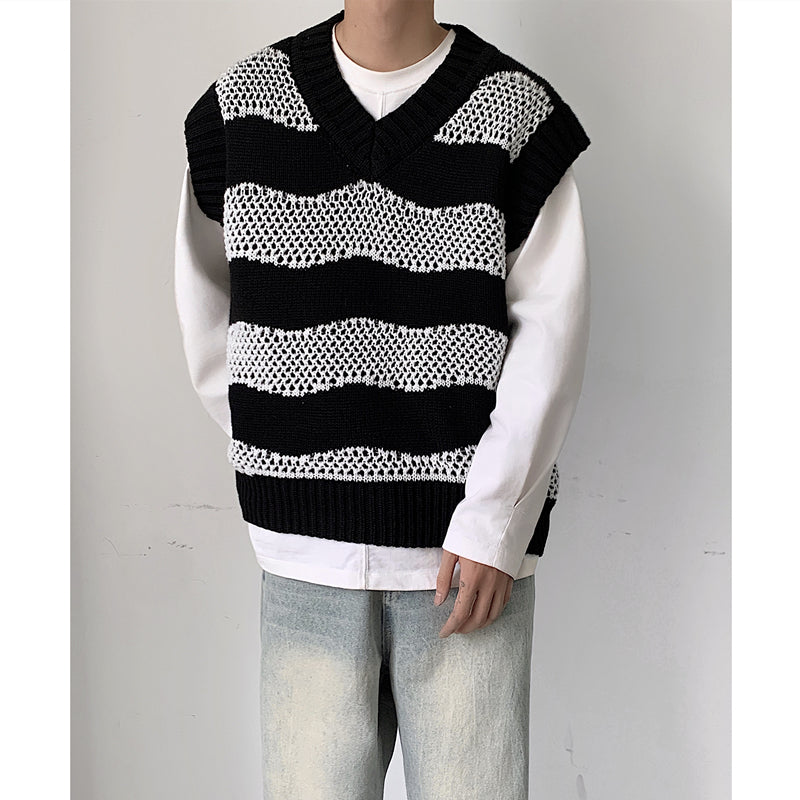 V-neck Preppy Sleeveless Wavy Knitted Vest