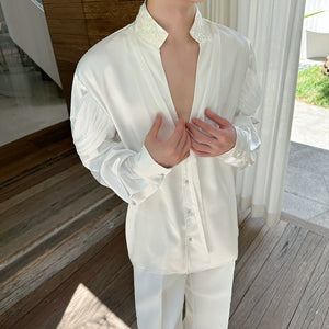 French Satin Ribbon Stitching Deep V-neck Shirt