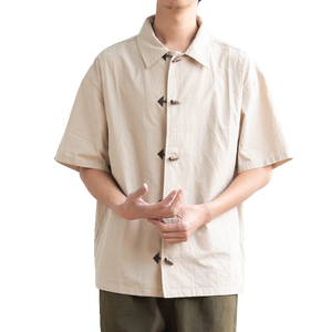 Cotton Japanese Retro Wooden Horn Button Shirt