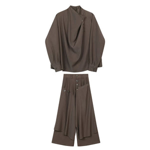 Asymmetric Long-sleeved Shirt and Wide-leg Pants Two-piece Set