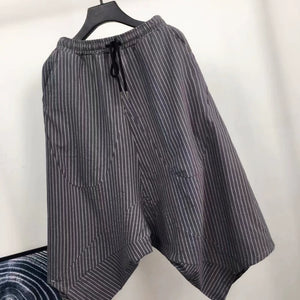 Loose Cotton and Linen Striped Drop Crotch Harem Pants