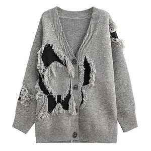 Autumn and Winter Loose Fringed V-neck Sweater
