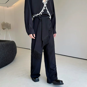 Tassel Belt Straight Irregular Patchwork Trousers