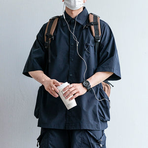 Japanese Functional Large Pocket Shirt Casual Loose Overalls Two-piece Set