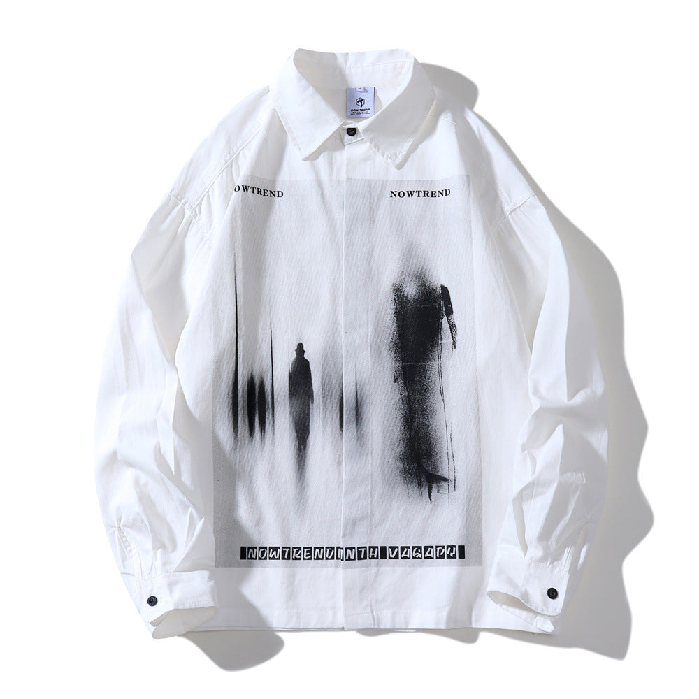 Black Shadow Print Loose Lapel Shirt