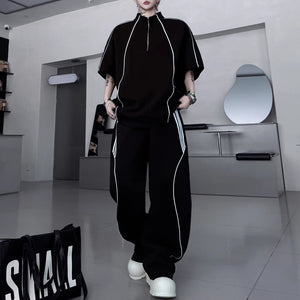 American Style Stand-up Collar Contrast Color T-shirt Zipper Wide-leg Trousers Two-piece Suit