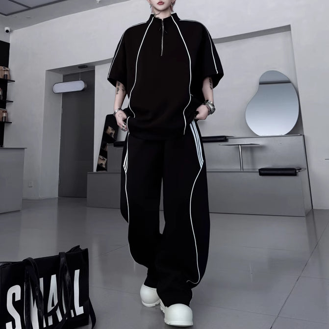 American Style Stand-up Collar Contrast Color T-shirt Zipper Wide-leg Trousers Two-piece Suit