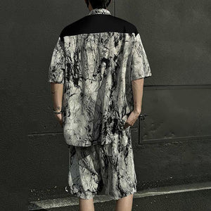 Summer Loose Ice Silk Shirt Ink Tie-dyed Short-sleeved Shorts Two-piece Suit
