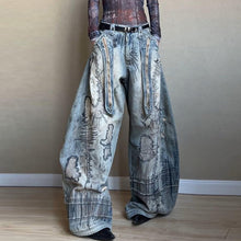 Load image into Gallery viewer, Stitch Embroidery Dyed Denim Loose Wide Leg Scimitar Pants
