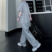 Load image into Gallery viewer, Stand-Collar Short-Sleeve Contrast Piping T-Shirt with &amp; Zip-Front Wide-Leg Trousers Two-Piece Set
