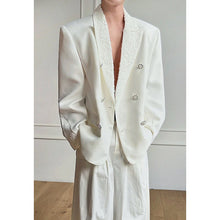 Load image into Gallery viewer, Lace-Paneled Double-Breasted Blazer with Shoulder Pads
