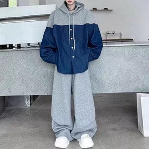Contrast Color Stitching Hooded Drawstring Shirt Casual Sweatpants Two-piece Set