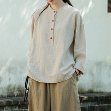 Load image into Gallery viewer, Linen Stand Collar Colorblock Buttoned Pullover Shirt
