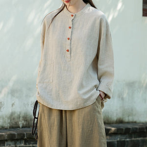 Linen Stand Collar Colorblock Buttoned Pullover Shirt