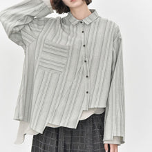 Load image into Gallery viewer, Women’s Striped Slanted Placket Irregular Hem Shirt
