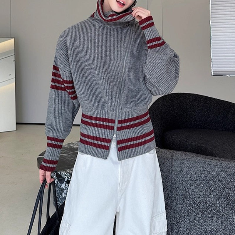 Contrast Striped Diagonal Zip-up Turtleneck Sweater