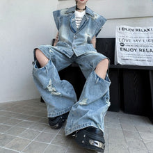Load image into Gallery viewer, Distressed Collar Loose Denim Vest and Ripped Denim Trousers Suit
