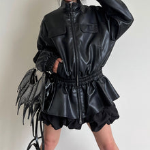 Load image into Gallery viewer, Threaded Elastic Waist Ruffled Leather Jacket
