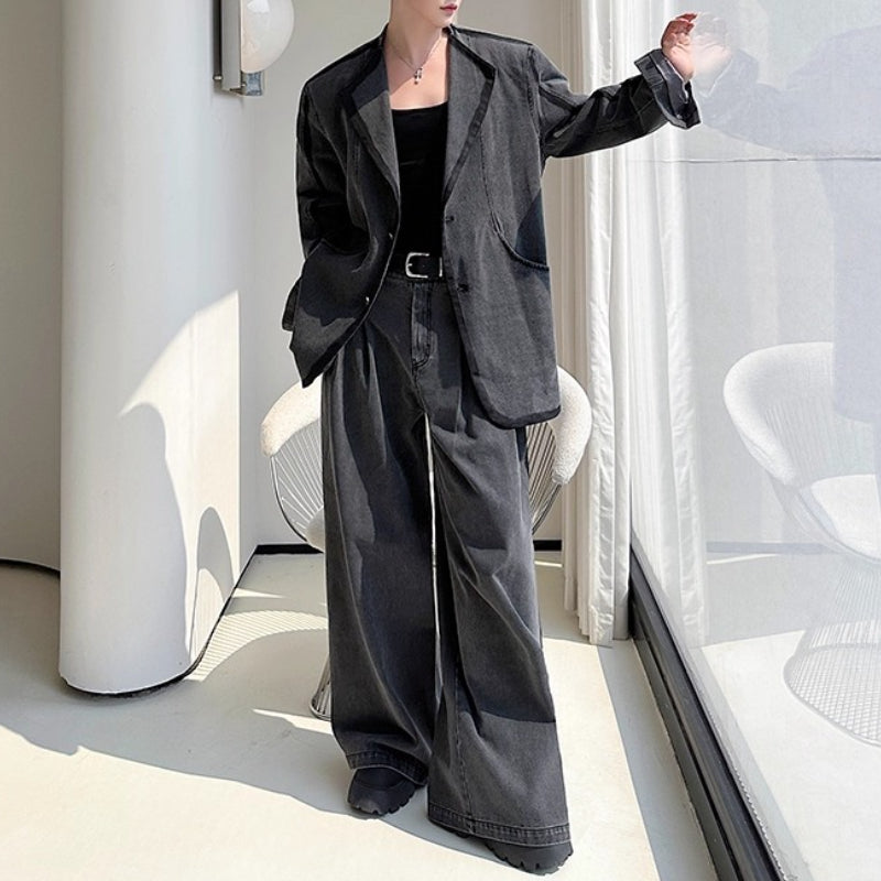 Vintage Distressed Washed Denim Jacket and Wide-leg Pants Two-piece Set