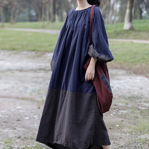Loose Pleated Lantern Sleeve Color-block Dress