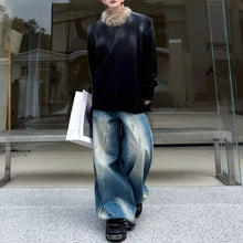 Load image into Gallery viewer, American style Distressed Spray-painted Fur Collar Sweater
