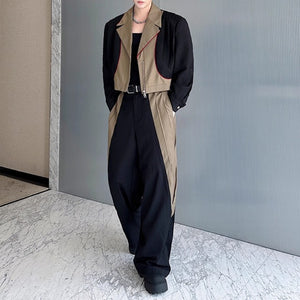 Structured Contrast Color Patchwork Pleated Jacket Fake Two-piece Pants Two-piece Suit