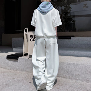 American Casual Contrast Color Stitching Hooded Sweatshirt Wide Leg Trousers Two-piece Set