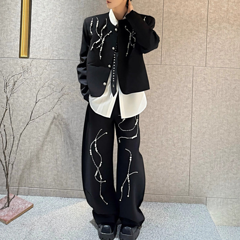 Beaded Loose-fitting Padded Shoulder Jacket Wide-leg Pants Two-piece Suit