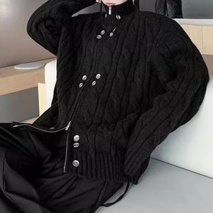 Button Stand Collar Loose Sweater