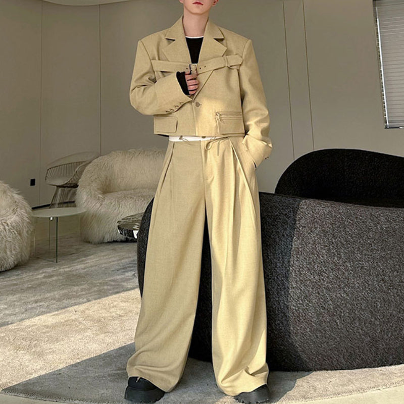 Deconstructed Lace-Up Cropped Blazer Contrast Leather Drawstring Casual Wide-Leg Pants Two-Piece Set