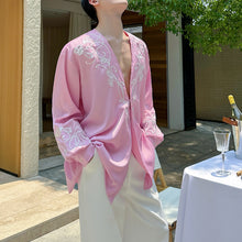 Load image into Gallery viewer, Heavy Embroidery V-neck Draped Ice Silk Shirt
