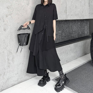 Irregular Loose Solid Color Shirt Elastic Waist Skirt