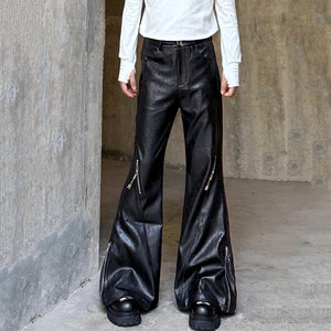 Zippered Shiny Striped Flared PU Leather Trousers